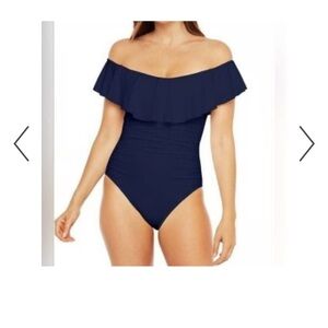 🆕 NWT La Blanca Navy Off-Shoulder Ruffle One Piece, 16